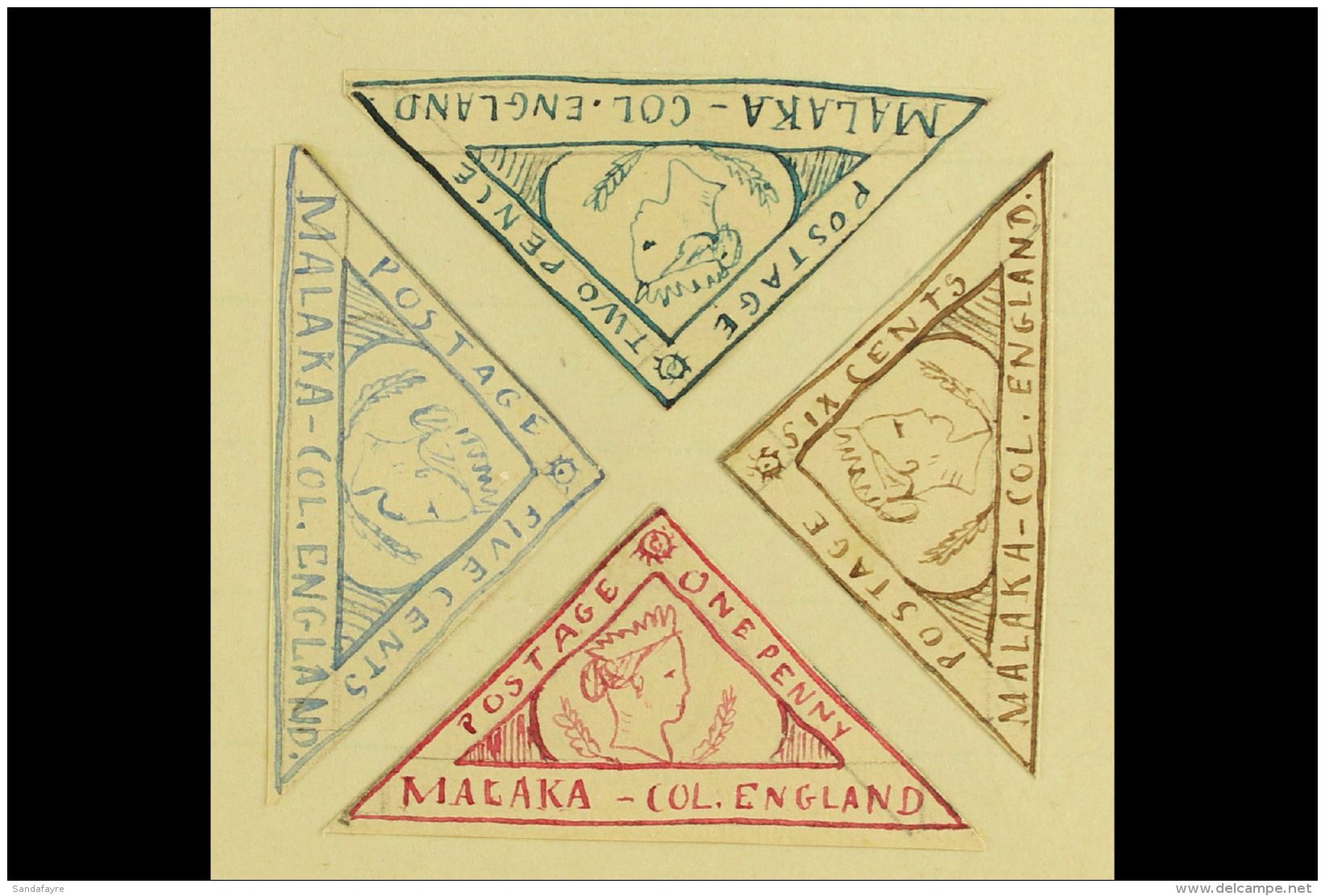 1861 HAND PAINTED STAMPS Unique Miniature Artworks Created By A French "Timbrophile" In 1861. Four Triangular... - Straits Settlements