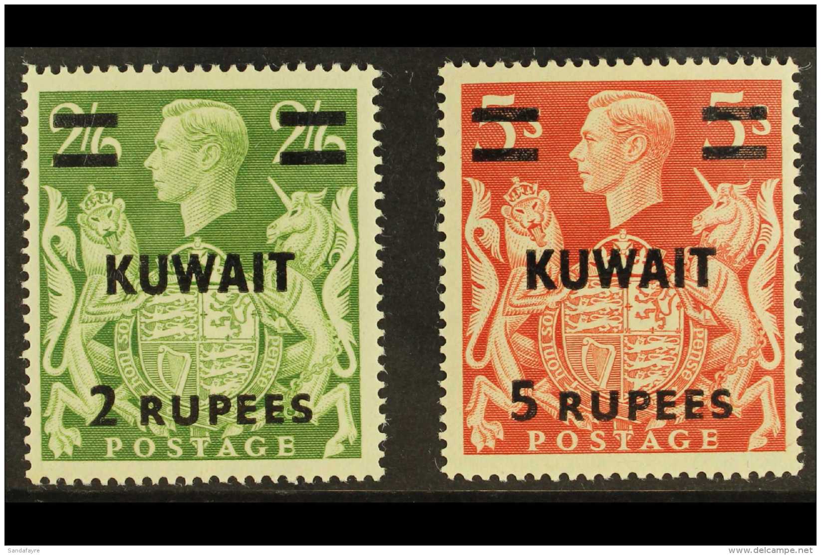 1948-49 2r On 2s6d Yellow-green &amp; 5r On 5s Red Overprints, SG 72/73, Very Fine Mint, Both Showing 'T' GUIDE... - Koeweit