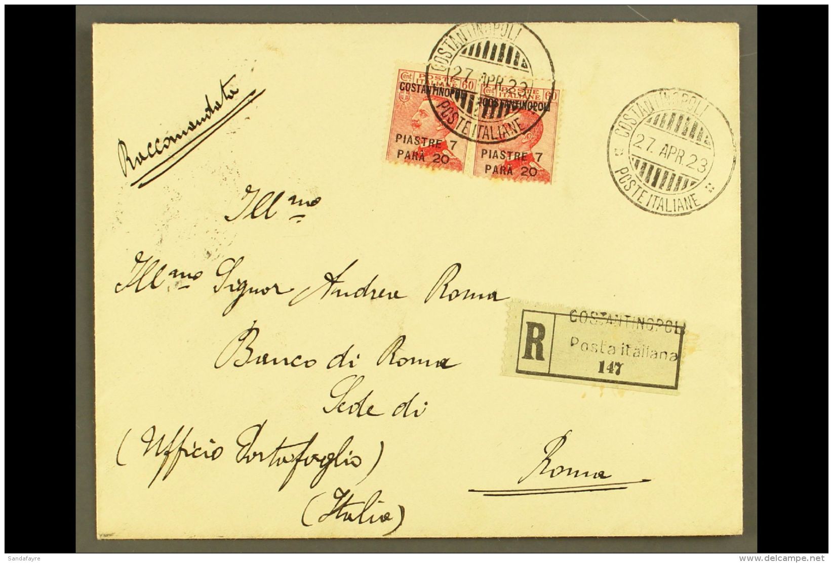 POST OFFICES IN TURKISH EMPIRE CONSTANTINOPLE - 1923 Registered Cover To Italy Franked With 2x 7.20pi On 60c, Sass... - Sonstige & Ohne Zuordnung