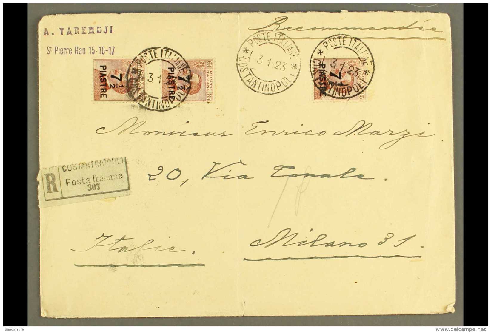 POST OFFICES IN TURKISH EMPIRE CONSTANTINOPLE - 1923 Registered Cover To Italy Franked With 3x 7&frac12;pi On 85c,... - Andere & Zonder Classificatie