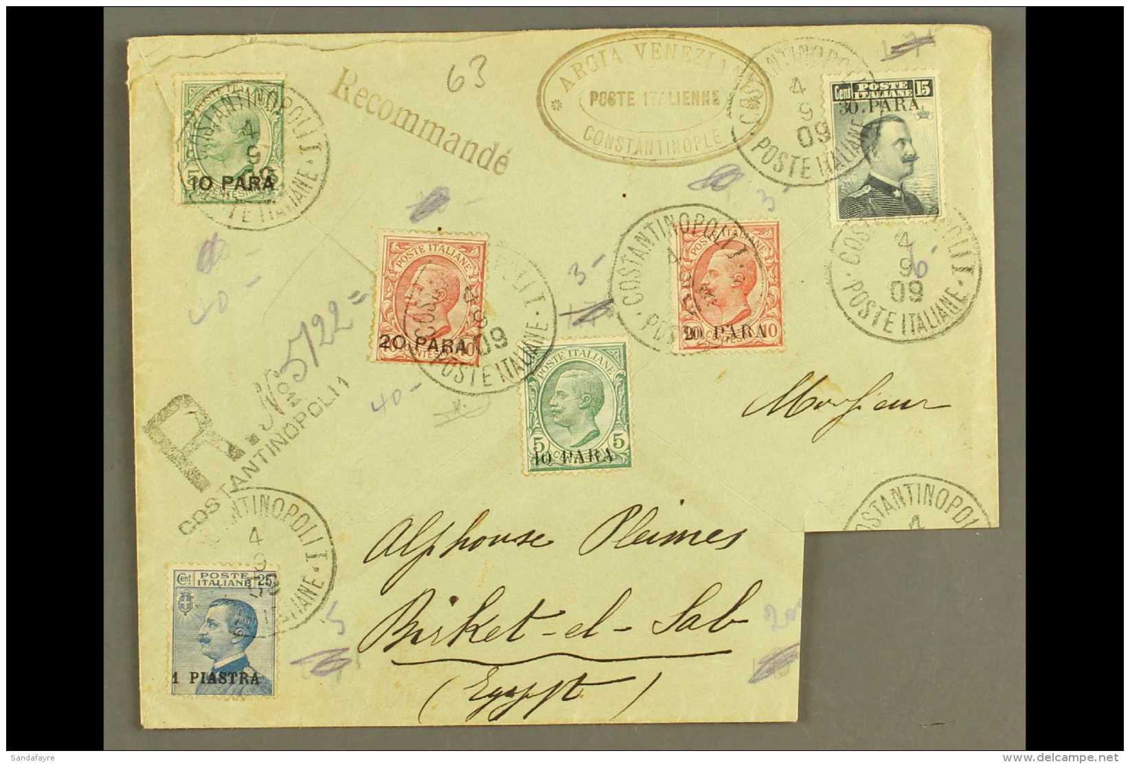 POST OFFICES IN TURKISH EMPIRE 1909 Registered Cover To Egypt, Franked With 1st Issue 1908 10pa On 5c &amp; 20pa... - Andere & Zonder Classificatie