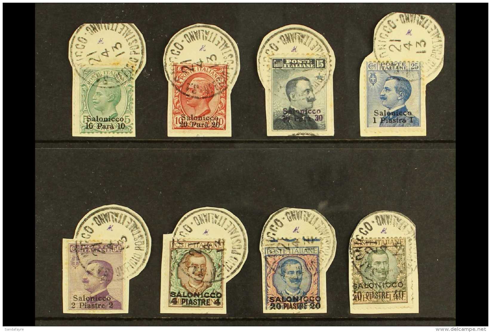 POST OFFICES IN TURKISH EMPIRE SALONIKA - 1909-11 Complete Set, Sassone 1/8, Each Fine Used On Small Piece With... - Sonstige & Ohne Zuordnung