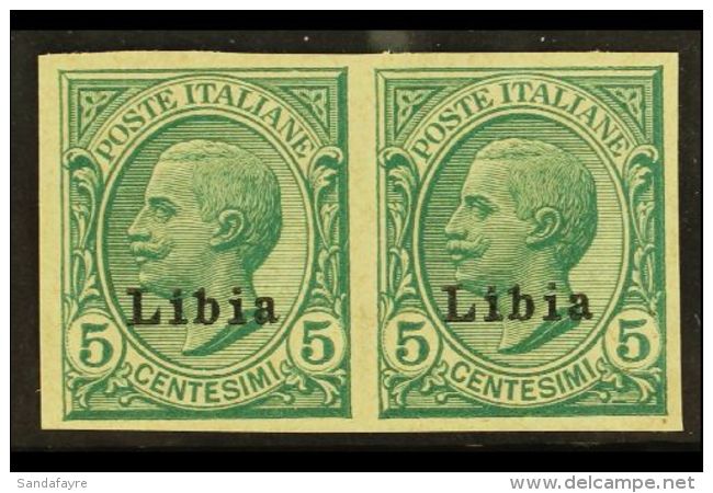 LYBIA 1912 5c Green Leone, Without Wmk, Variety "imperf", Sass 3ba, Very Fine Unused Pair. For More Images, Please... - Sonstige & Ohne Zuordnung
