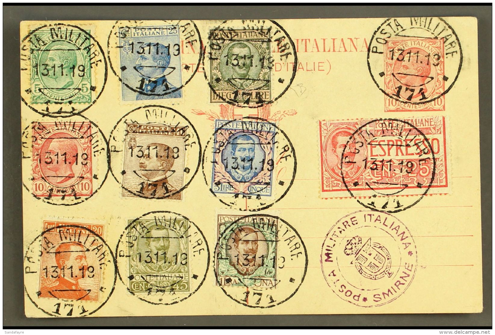 LEVANT 1919 (13 Nov) Italian 10c Postal Card With A Spectacular Additional Franking Of 10 Different Stamps To 1L,... - Autres & Non Classés