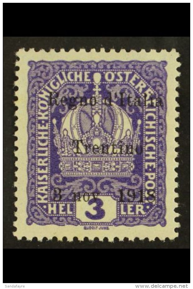 TRENTINO 1918 3h Purple "Regno D'Italia Trentino" Overprint With NO STOP AFTER "NOV" Variety (position 3), Sassone... - Non Classés