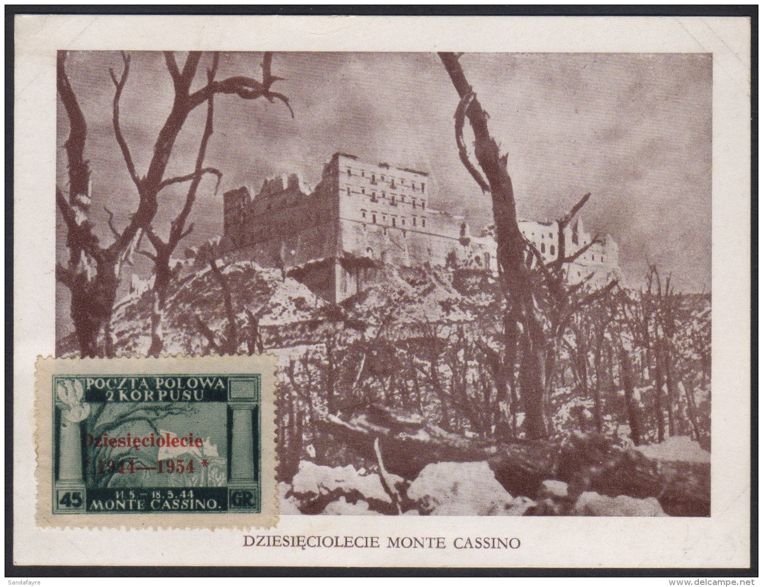 POLISH CORPS IN ITALY 1954 10th Anniversary Of Monte Cassino, 45gr Dark Green , Variety "ovptd In Vermilion", Sass... - Zonder Classificatie