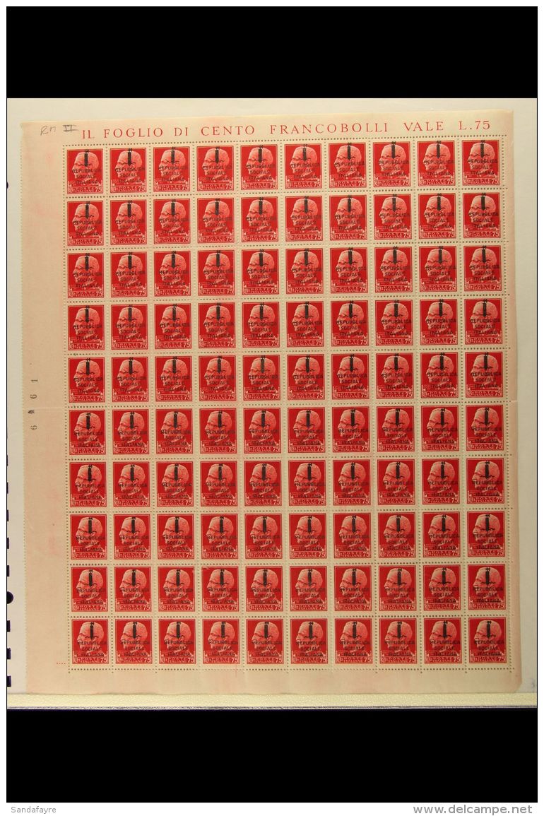 ITALIAN SOCIAL REPUBLIC 1944 75c Carmine, Rome Printing Type II (Sass 494) - A COMPLETE SHEET Of 100 Stamps With... - Non Classés