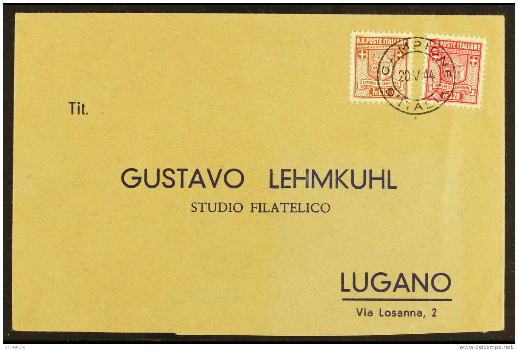 CAMPIONE 1944 (20 May) 10c And 20c Perf 11&frac12;, Sass 2a/3a, Very Fine Used On Printed Envelope Tied By Crisp... - Ohne Zuordnung