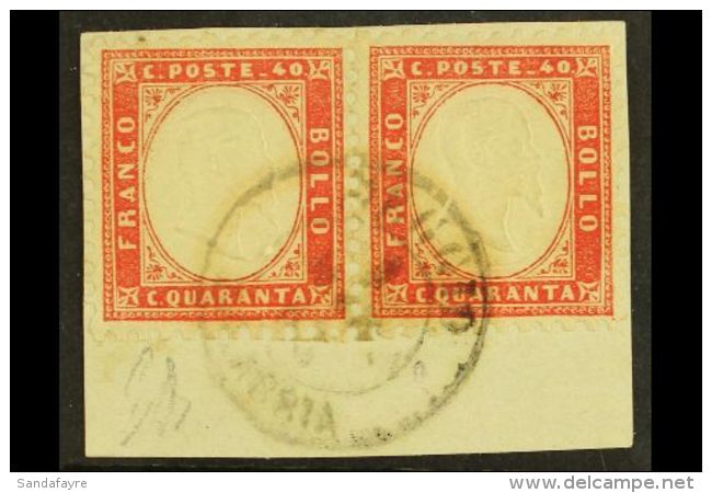 1862 40c Rose-red, Sass. 3, Very Fine Used Pair Tied To Piece By Complete Reggio Calabria, Cds Pmk. Pretty, Signed... - Non Classés