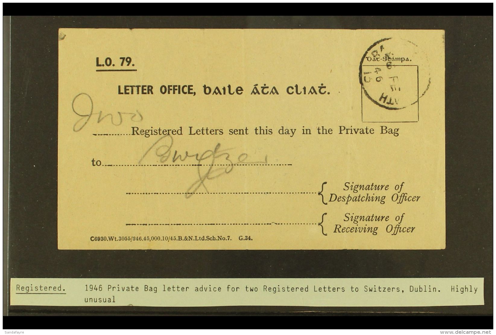 1946 PRIVATE BAG LETTER ADVICE A Scarce Private Bag Receipt For Two Registered Letters  To Switzers In Dublin. For... - Andere & Zonder Classificatie