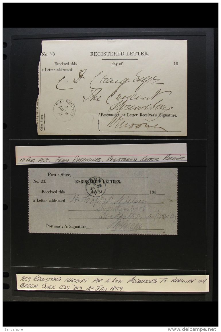 1858-69 REGISTERED LETTER RECEIPTS A Group Of Early Receipts With 1858 For A Letter From Rathmines To Shrewsbury,... - Autres & Non Classés