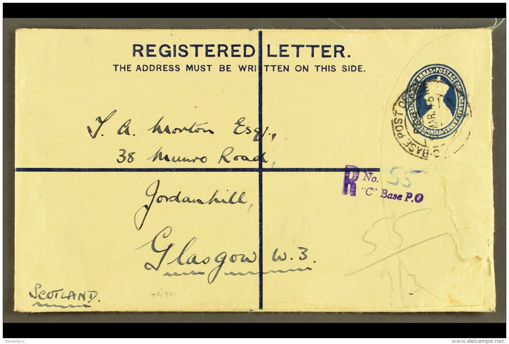 1946 (9 Apr) 1&frac12;a Indian Registration Stationery Envelope To Scotland, Cancelled By "C - Base Post Office /... - Irak