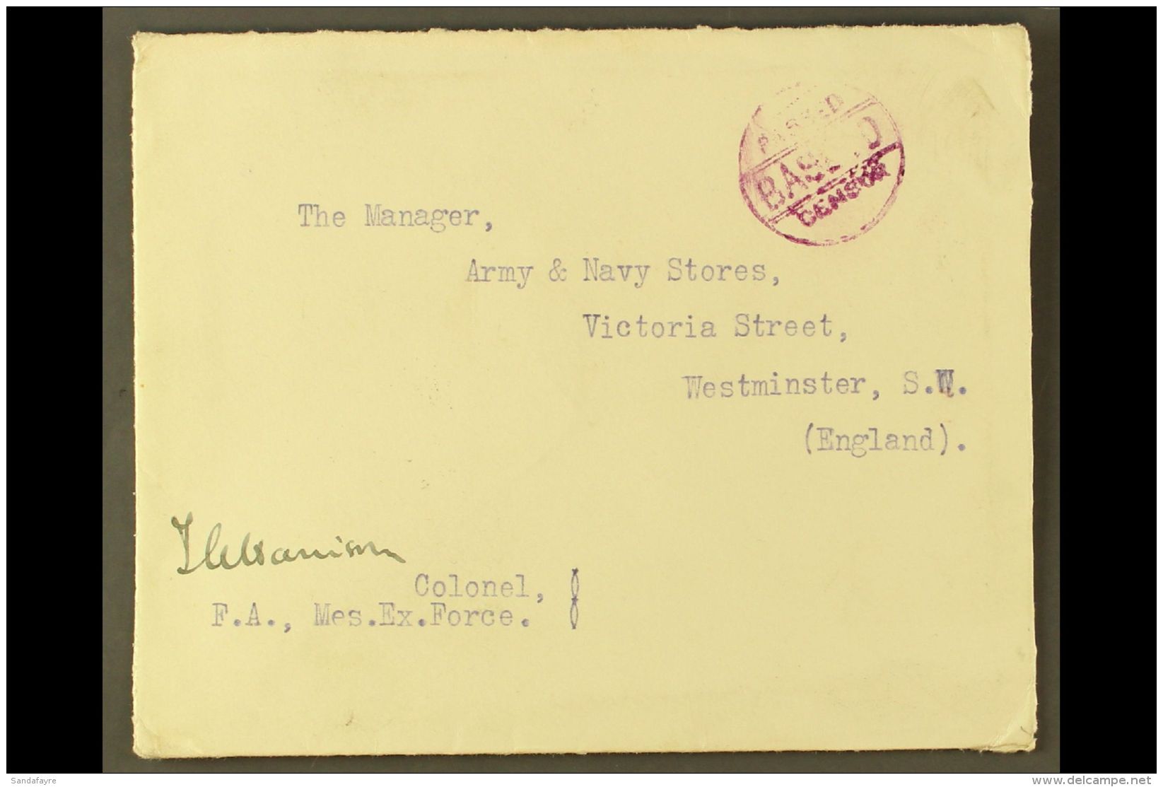 1917 (18 Aug) Stampless Env With Embossed Flap Of "Government Of India" Addressed To England And Endorsed By A... - Irak