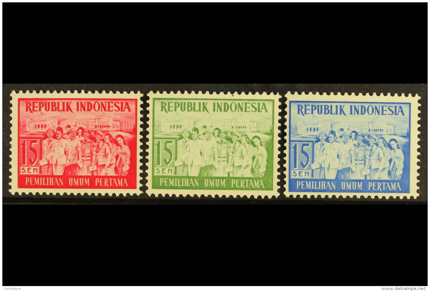 1955 RARE PROOFS. 15s Elections Perf PROOFS In Three Different Colours (red, Green &amp; Blue) On Ungummed Paper,... - Indonesië