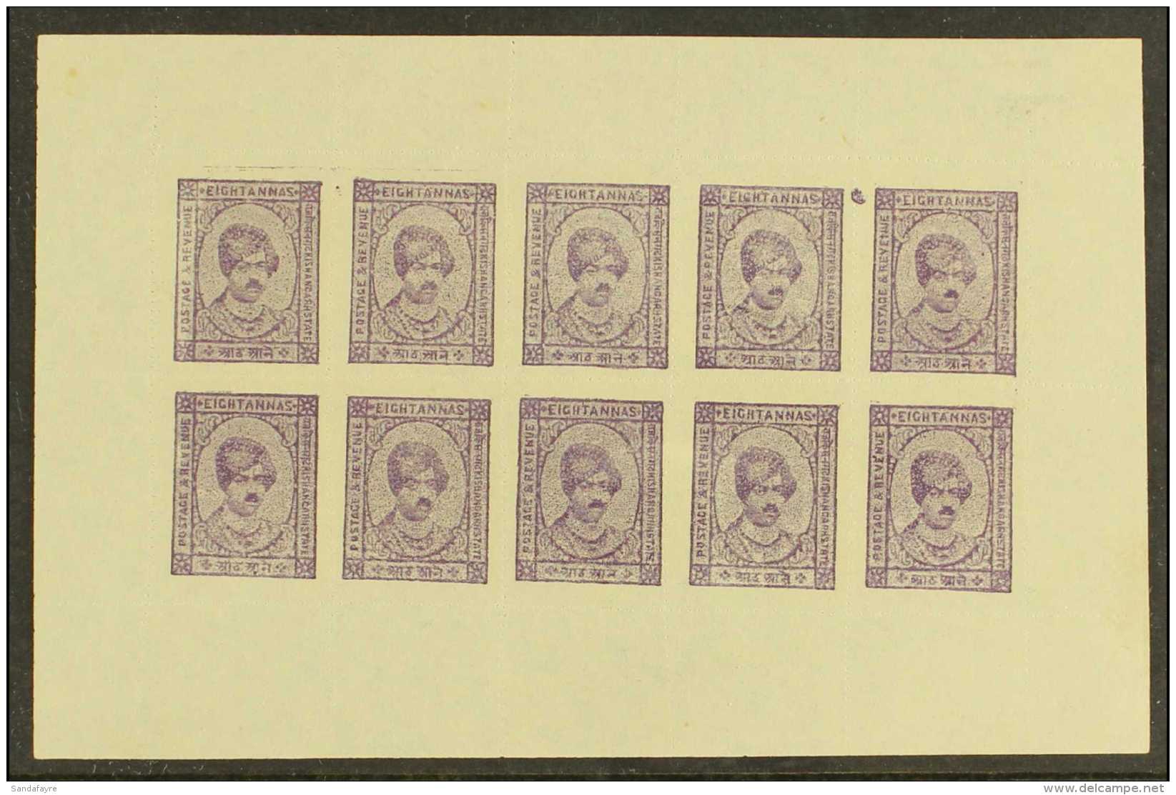 KISHANGARH 1943 8a Violet On Unsurfaced Paper, SG 84, Complete Sheet Of 10 With Complete Margins All Round, Very... - Autres & Non Classés