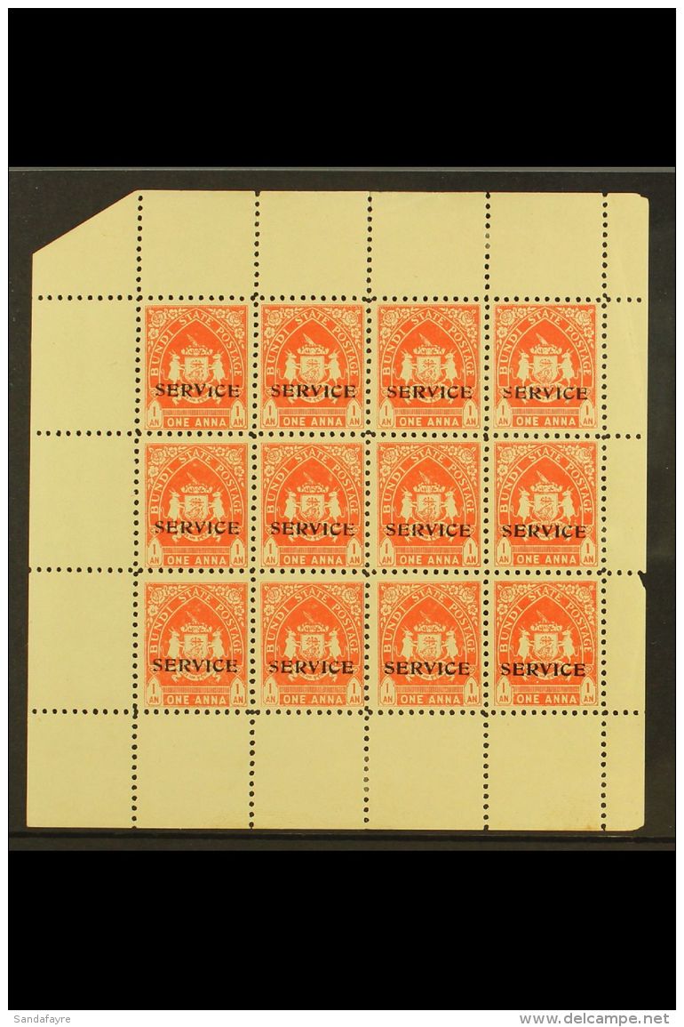BUNDI OFFICIALS. 1941 1a Orange Red, SG O55, COMPLETE SHEET Of 12 With Selvedge To All Sides. Fine Mint, Ungummed... - Autres & Non Classés