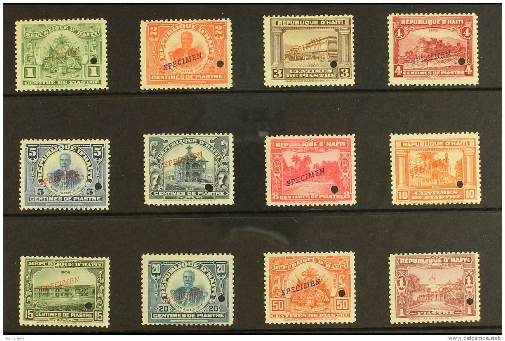 1906 For Foreign Use Definitive Set (SG 137/39 &amp; 141/49) Overprinted "SPECIMEN" And With Security Punch Hole,... - Haïti