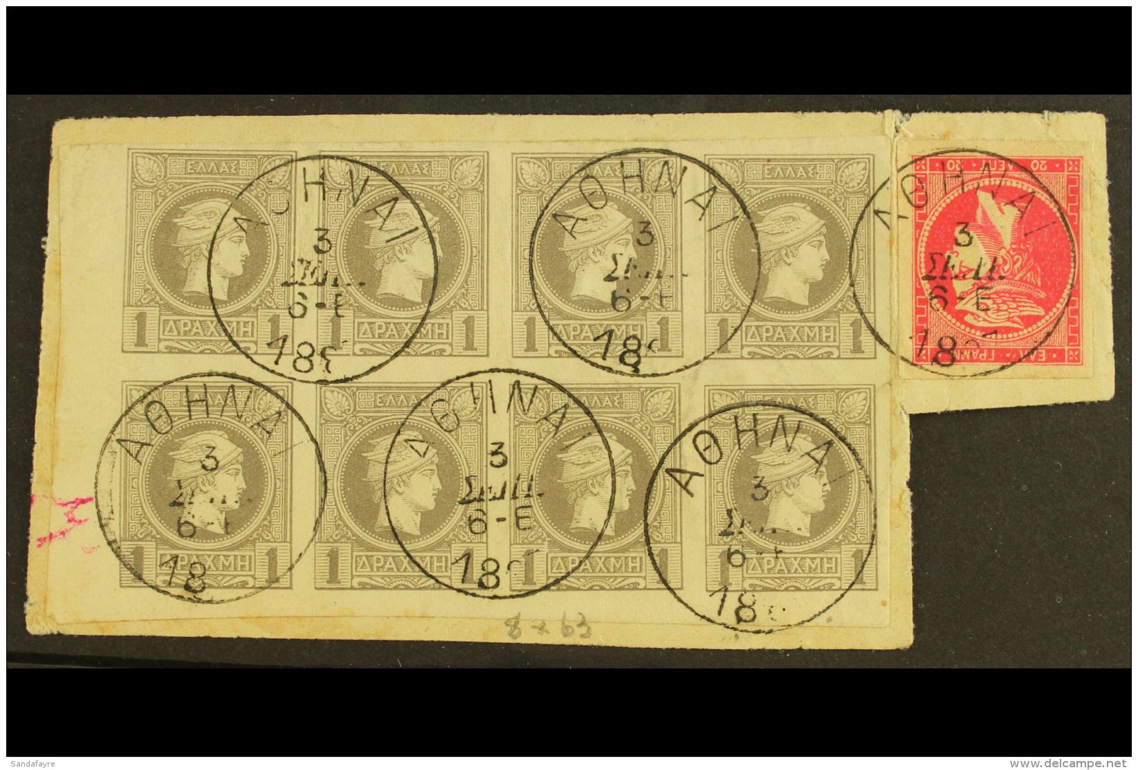1887 A Piece Bearing 1881-87 20L Rosine Large Hermes And 1886-88 1d Imperf Small Hermes BLOCK Of 8, Cancelled By... - Autres & Non Classés