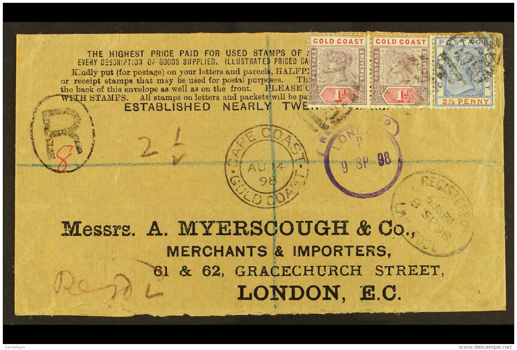 1898 (14 Aug) Registered Cover With Printed Stamp Dealer's Advert Addressed To London, Bearing 1884-91 2&frac12;d... - Goldküste (...-1957)