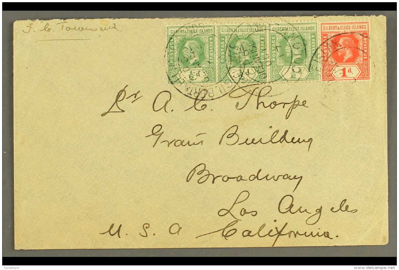 OCEAN ISLAND 1917 Cover To USA, Bearing KGV &frac12;d X3 &amp; 1d, Cancelled By "G.P.O. Ocean Isld." Pmks. For... - Îles Gilbert Et Ellice (...-1979)