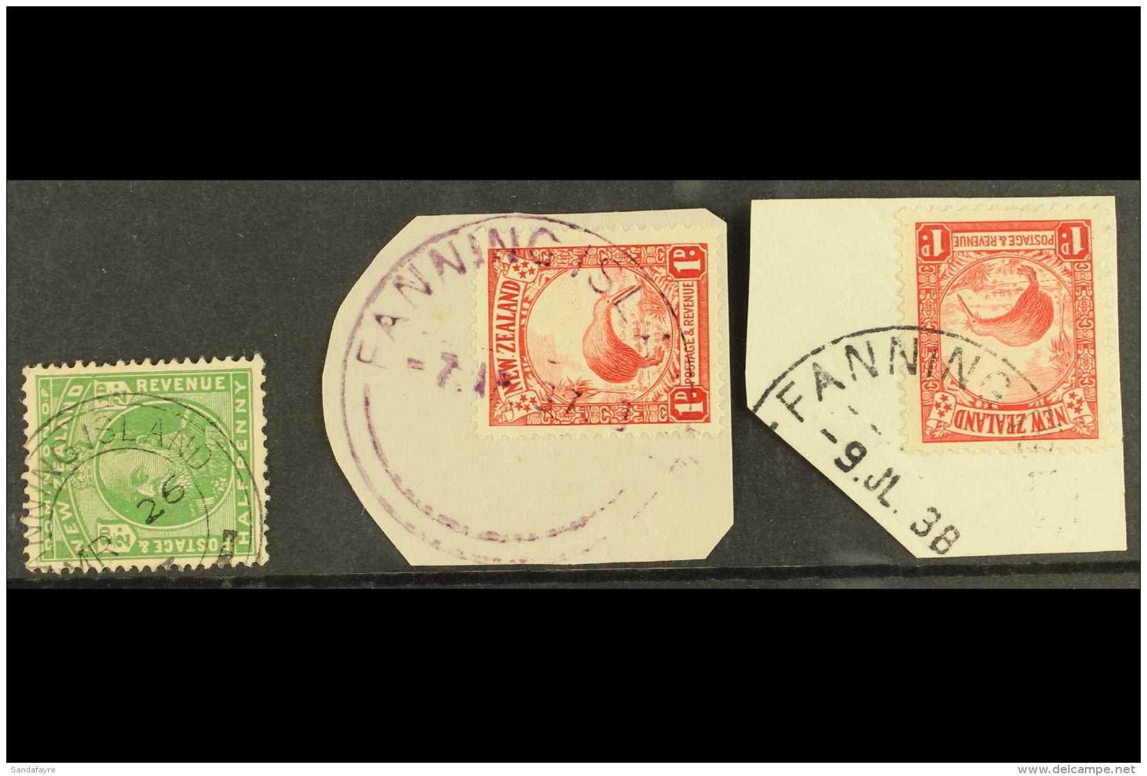 FANNING ISLAND New Zealand Used In, With 1909-12 KE &frac12;d With Type Z1 Cds, Then 1d Kiwi On Two Pieces With... - Gilbert- Und Ellice-Inseln (...-1979)