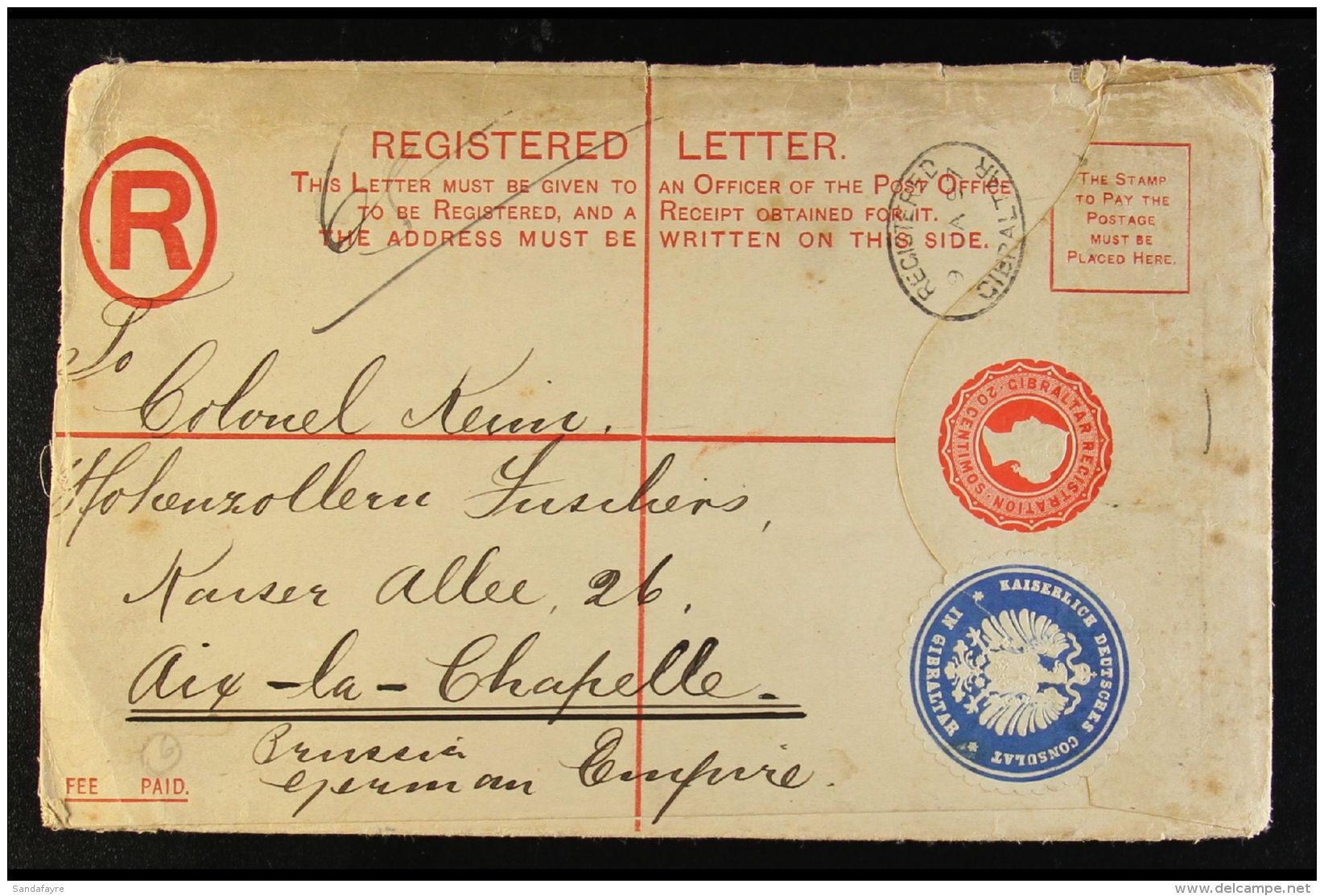 1897 GERMAN CONSULATE COVER. (9 Jan) 20c Postal Stationery Registered Envelope (H&amp;G 9) Addressed To Germany,... - Gibraltar