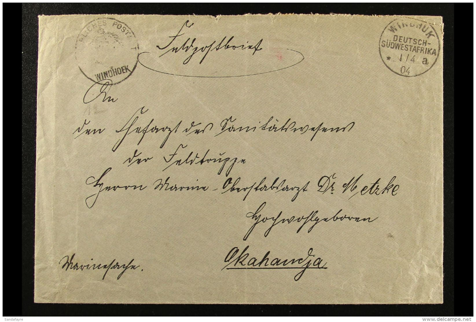 SOUTH WEST AFRICA 1904 (1 Apr) Stampless Feldpost Cover To Okahandja Showing A Fine "WINDHUK A" Cds Postmark With... - Sonstige & Ohne Zuordnung