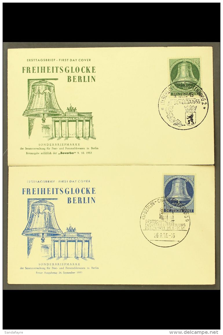 1953 10pf Green &amp; 30pf Blue Freedom Bell (Michel 102 &amp; 104), Very Fine Used On Illustrated Unaddressed... - Autres & Non Classés