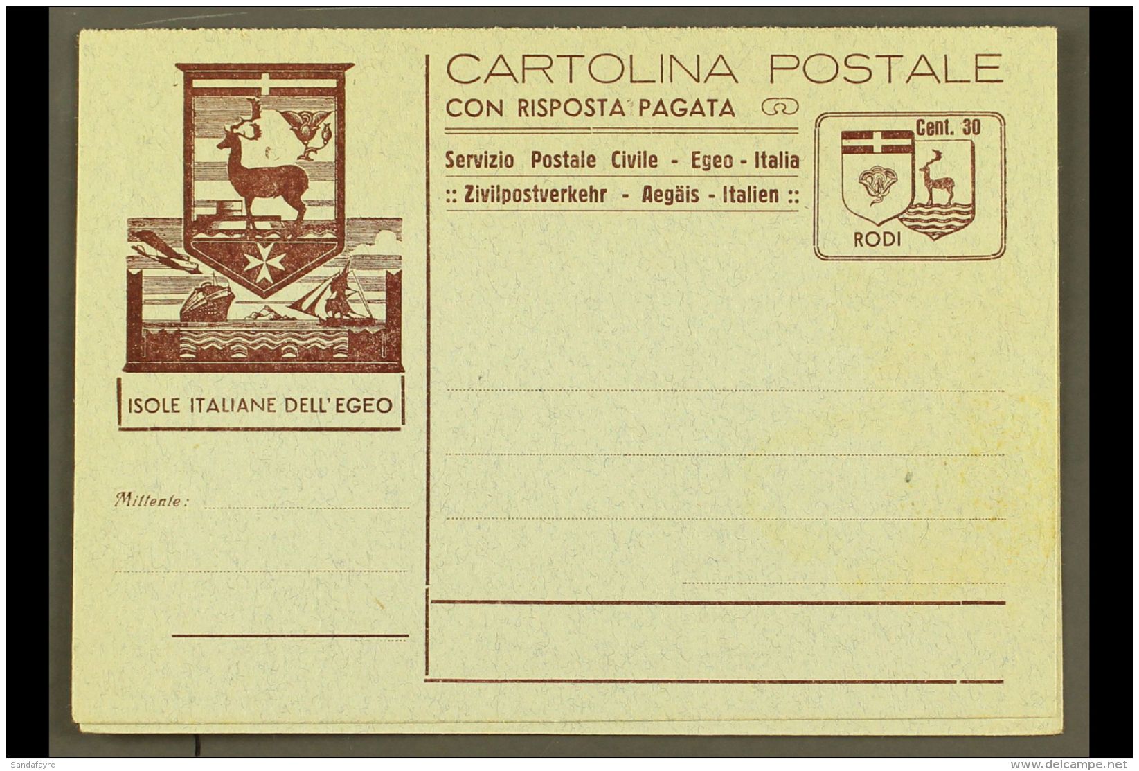 RHODOS (RHODES) 1944 30c+30c Brown Postal Stationery Complete Reply Postcard With Bar Overprints On Reply Part... - Autres & Non Classés