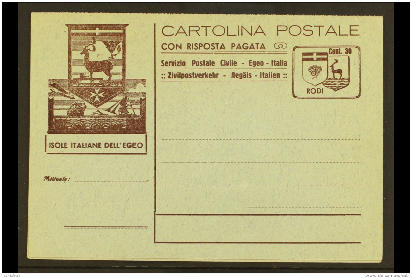 RHODOS (RHODES) 1944 30c+30c Brown Postal Stationery Complete Reply Postcard Type II (Michel P 3, H&amp;G 19),... - Autres & Non Classés