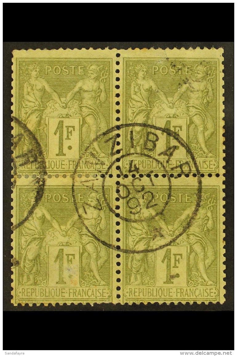 ZANZIBAR FORERUNNER. French 1889-90 1f Olive Green "Sage" Block Of 4 Used, Yv 82, Bearing A Central Zanzibar 1892... - Sonstige & Ohne Zuordnung