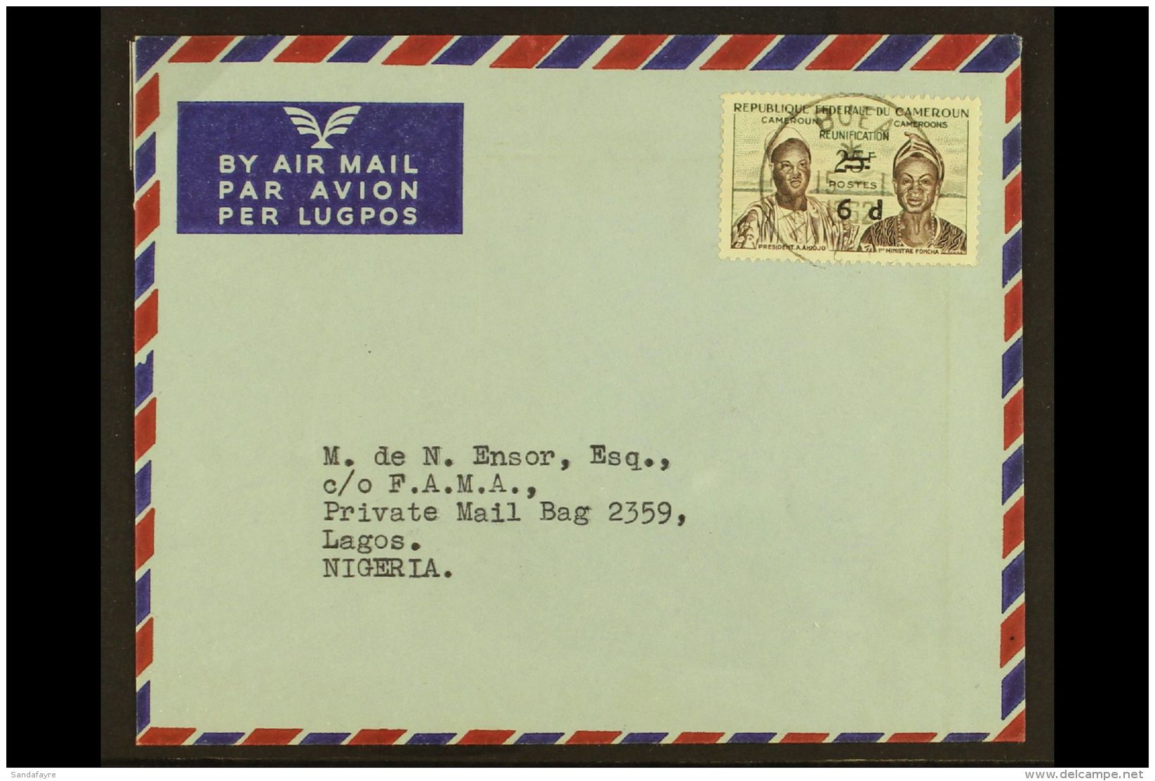 WESTERN CAMEROUN AIR MAIL COVER To Lagos, Nigeria Bearing A 1962 Reunification 6d On 25f,  Yv 333, Tied By Neat... - Sonstige & Ohne Zuordnung