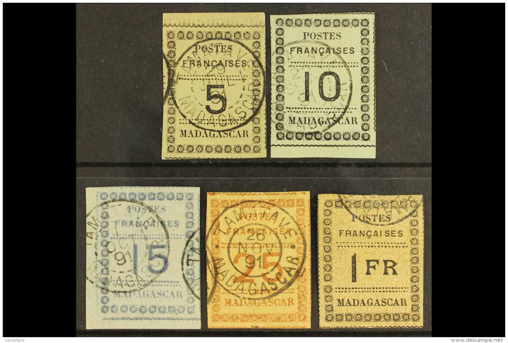 MADAGASCAR 1891 5c To 1f Imperfs On Coloured Paper, Yvert 8/12, Very Fine Used With "Tamatave" Postmarks, Shallow... - Sonstige & Ohne Zuordnung