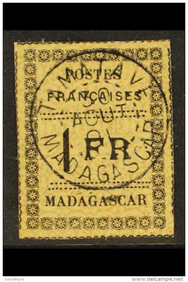 MADAGASCAR 1891 1fr Black On Yellow, Yvert 12, Very Fine Used With Full Strike Of "Tamatave 30 Aout 91" Postmark... - Sonstige & Ohne Zuordnung
