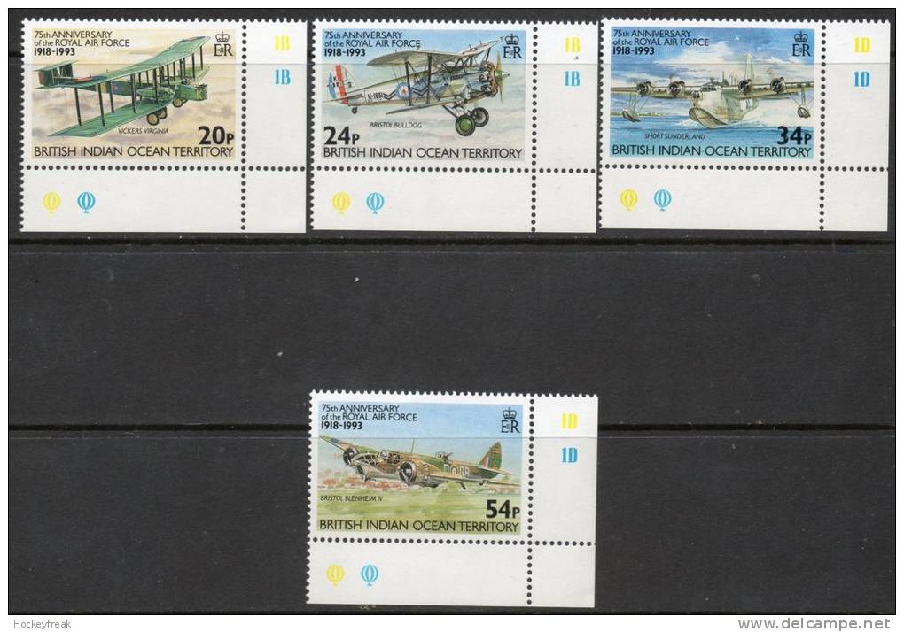 British Indian Ocean Territory 1993 - 75th Anniv Of RAF Plate Corner Copies SG136-139 MNH Cat £5.35++ SG2015 - Territorio Britannico Dell'Oceano Indiano