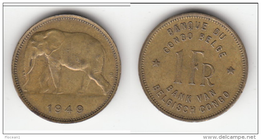 ****  CONGO BELGE - 1 FRANC 1949  - ELEPHANT **** EN ACHAT IMMEDIAT !!! - 1934-1945: Leopold III