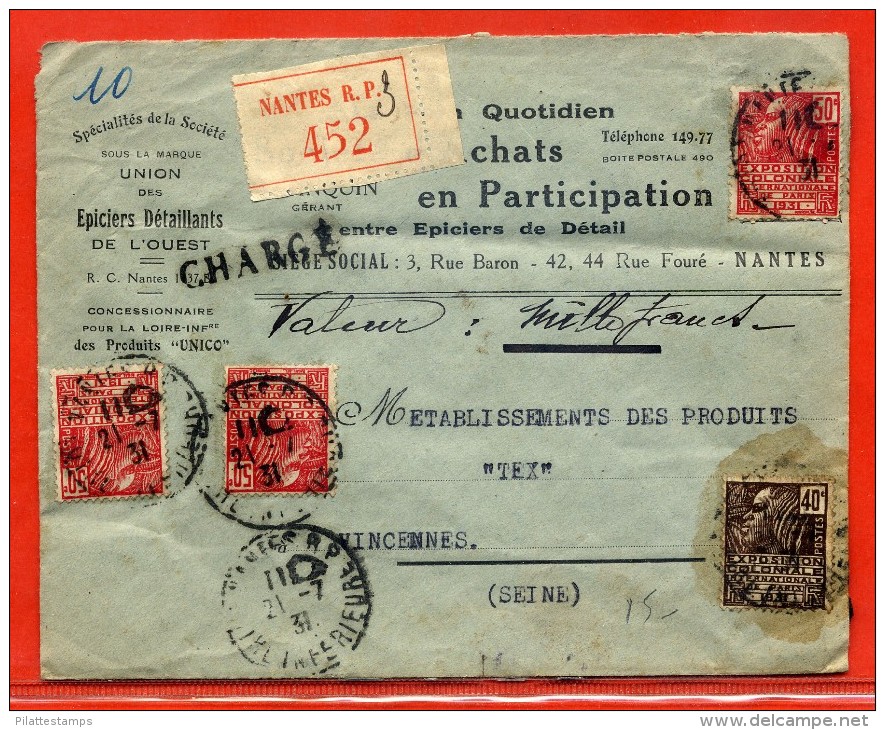 FRANCE LETTRE CHARGEE RECOMMANDEE DE 1931 DE NANTES POUR VINCENNES - 1921-1960: Période Moderne