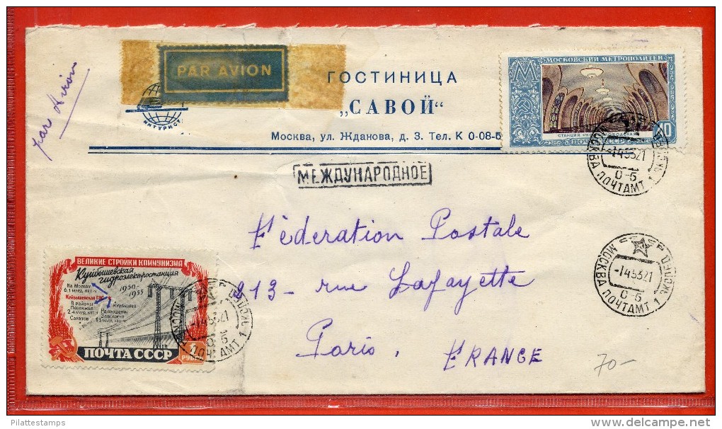 RUSSIE LETTRE PAR AVION DE 1952 DE MOSCOU POUR PARIS FRANCE - Frankeermachines (EMA)