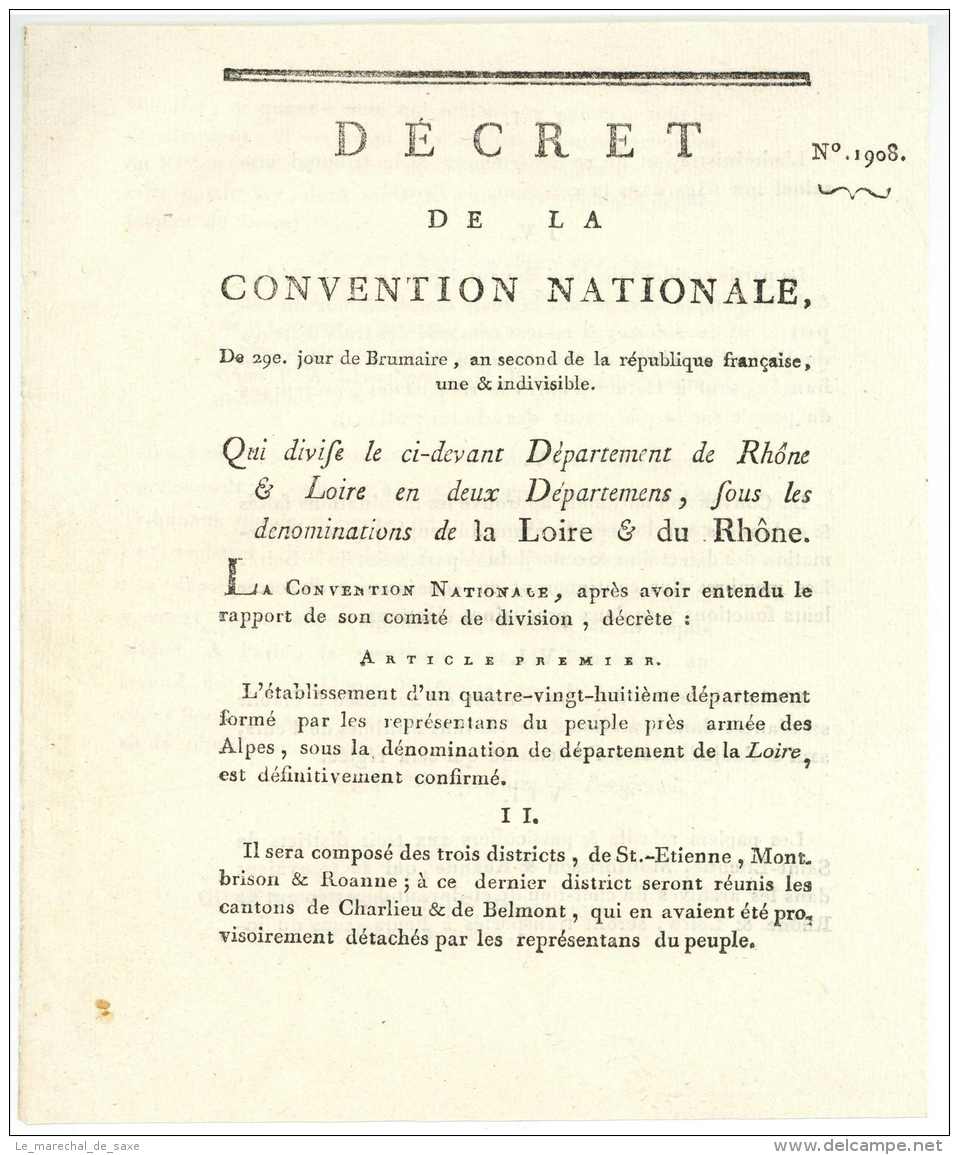 REVOLUTION &ndash; Decret De La Convention Nationale 1793 - Division Du Département De Rhone Et Loire - Documenti Storici