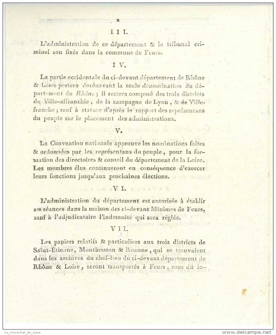 REVOLUTION &ndash; Decret De La Convention Nationale 1793 - Division Du Département De Rhone Et Loire - Historical Documents