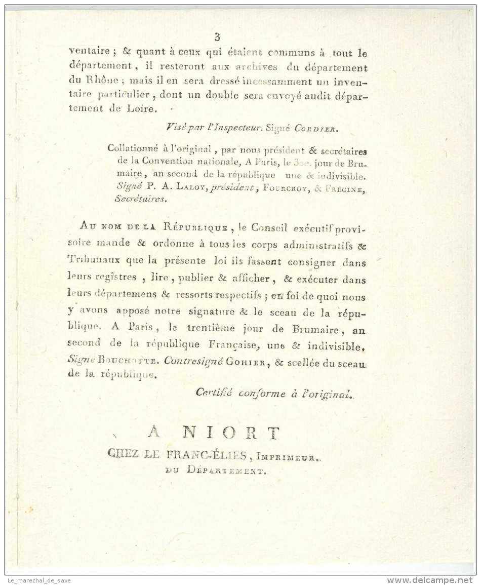 REVOLUTION &ndash; Decret De La Convention Nationale 1793 - Division Du Département De Rhone Et Loire - Documenti Storici