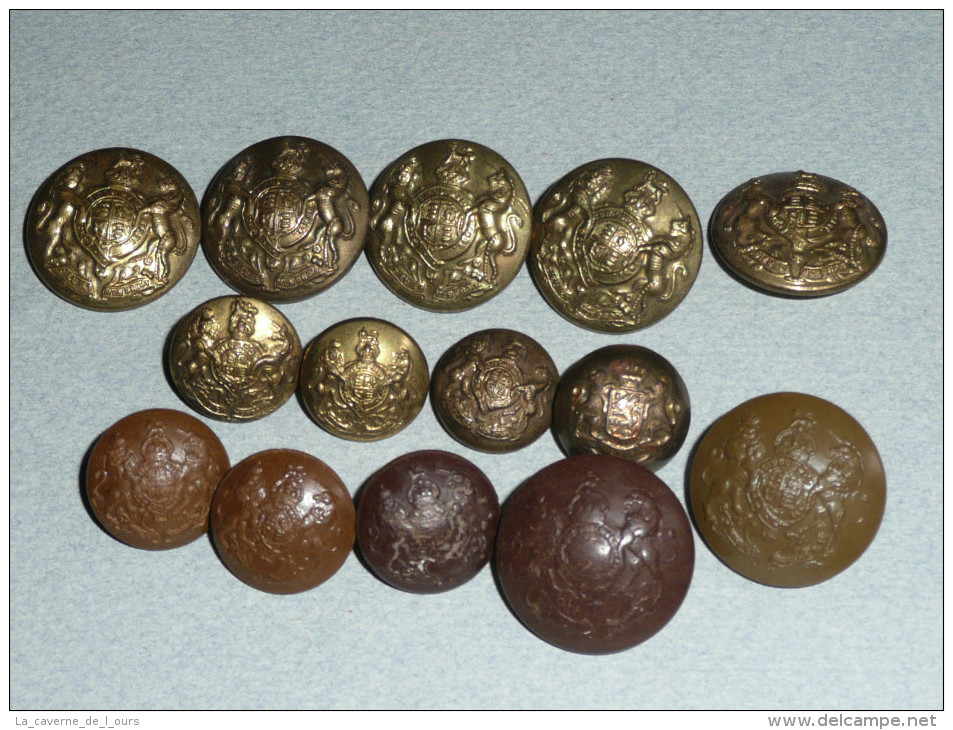 Rare Ancien Lot De 14 Boutons En Laiton & Métal, Militaria, Militaire Grande Bretagne Armoiries, Bouton Birmingham RU GB - Boutons