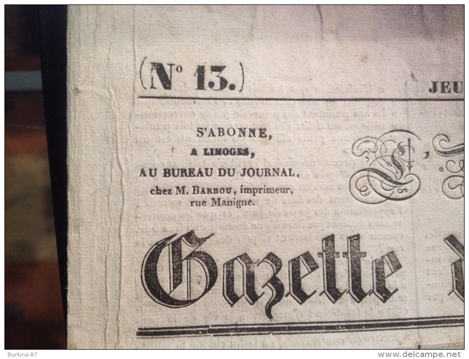 LA GAZETTE DU LIMOUSIN , JEUDI 5 AVRIL1834, Gazette Locale Et  Nationale - Autres & Non Classés