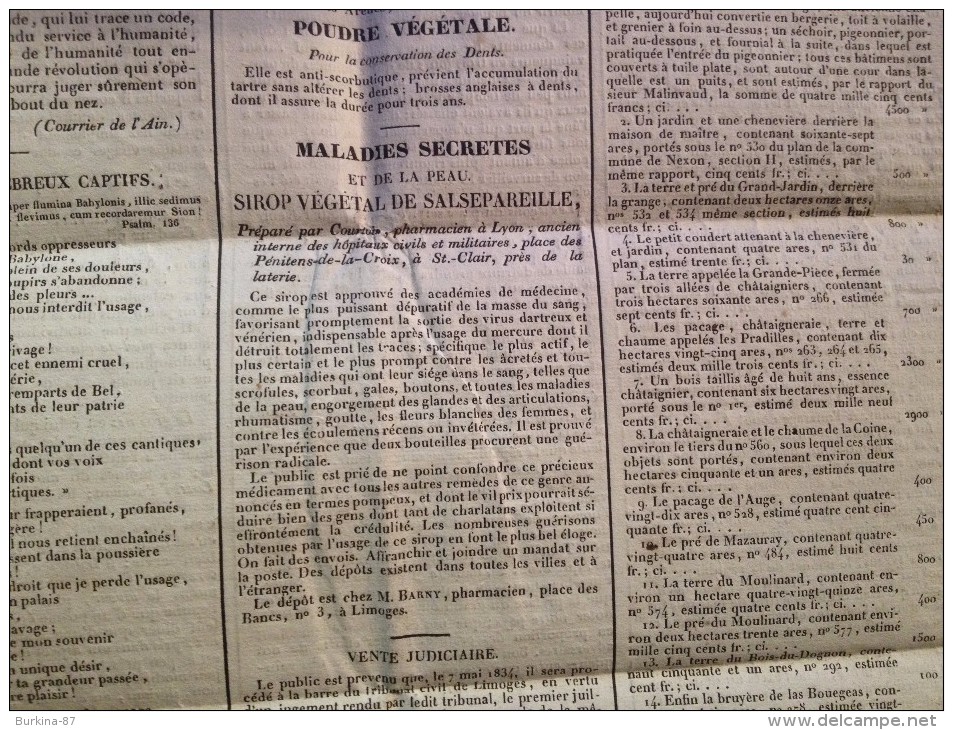 LA GAZETTE DU LIMOUSIN , JEUDI 5 AVRIL1834, gazette locale et  nationale