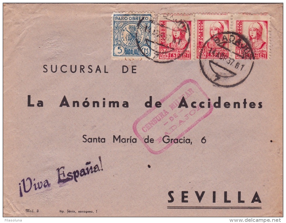 03308  Carta De Badajoz A Sevilla - Censura Militar  Badajoz - Cartas & Documentos