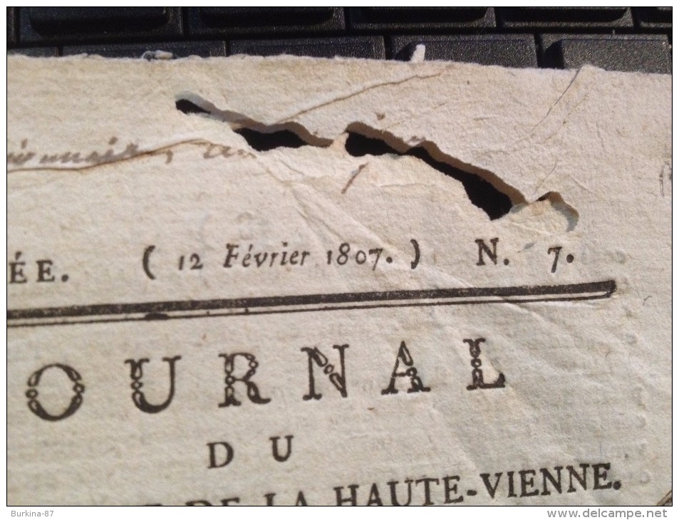 JOURNAL DU DÉPARTEMENT DE LA HTE VIENNE,12 FÉVRIER 1807,EMPIRE FRANÇAIS - Autres & Non Classés