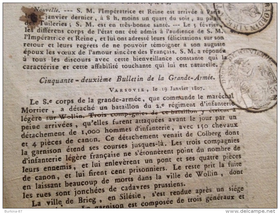 JOURNAL DU DÉPARTEMENT DE LA HTE VIENNE,12 FÉVRIER 1807,EMPIRE FRANÇAIS - Autres & Non Classés