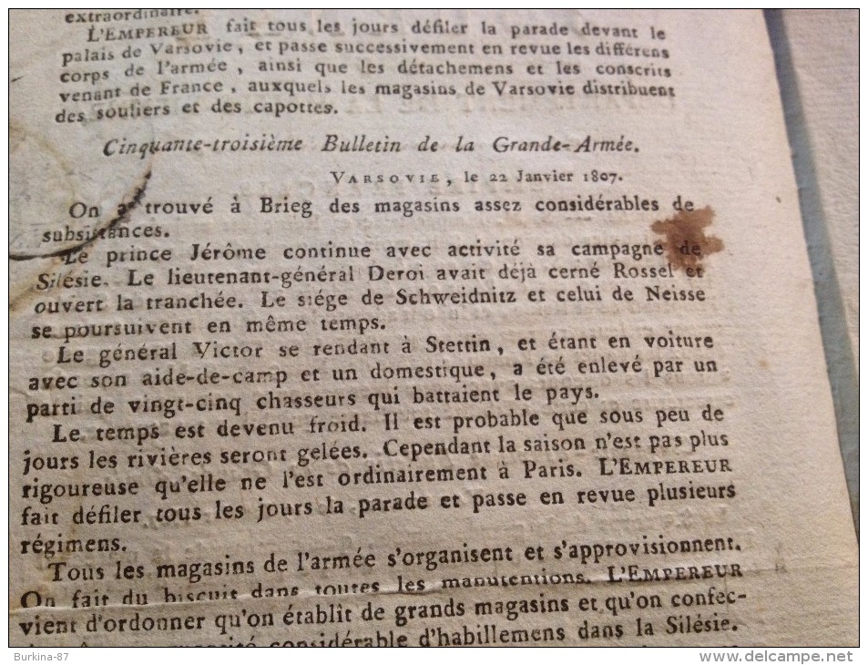 JOURNAL DU DÉPARTEMENT DE LA HTE VIENNE,12 FÉVRIER 1807,EMPIRE FRANÇAIS