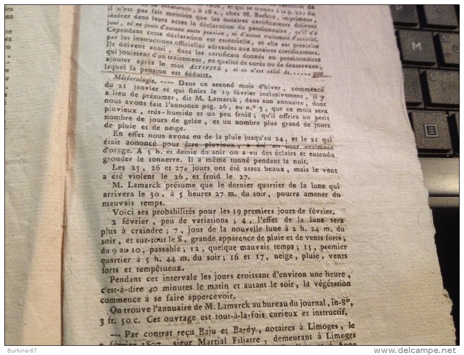 JOURNAL DU DÉPARTEMENT DE LA HTE VIENNE,12 FÉVRIER 1807,EMPIRE FRANÇAIS