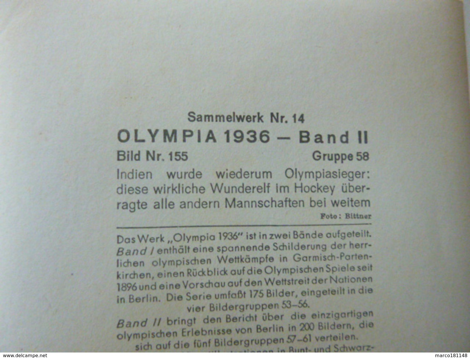 OLYMPIA 1936 - Band II - Bild Nr 155  Gruppe 58 - Equipe D'Inde De Hockey - Sport